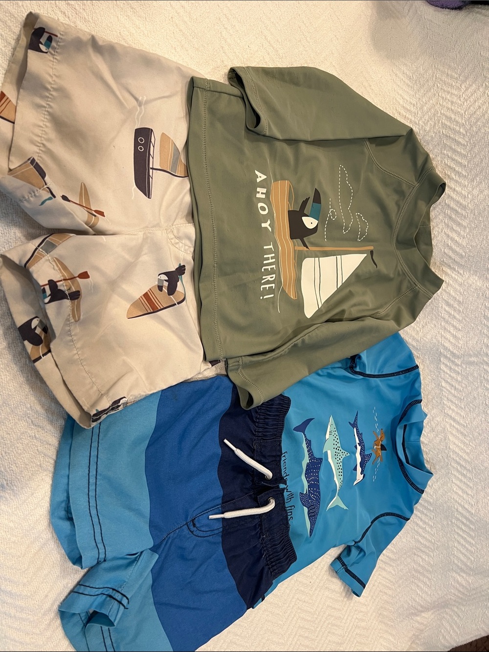 Carter's Olive Green Sailboat Rash Guard Top & Beige Boat-Print Shorts